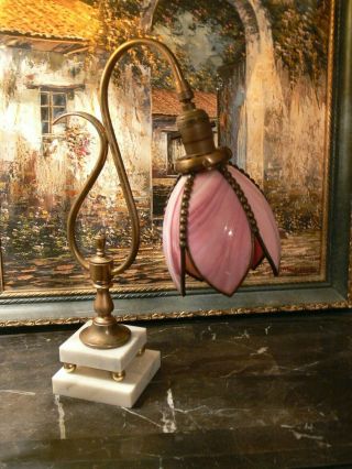 Antique Art Deco Brass Marble Table Desk Lamp With Pink Slag Glass Shade Nouveau