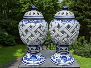 Pair Bombay Chinese Cobalt Blue & White Pierced Porcelain Candle Holder Lanterns