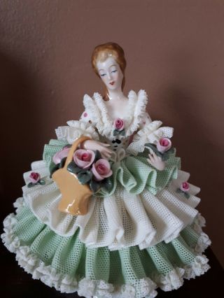 Antique ? Dresden Germany Porcelain Lace Elegant Woman Figurine W Basket Roses