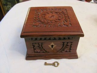 Vintage Carved Wood Jewelry Box With Brass Hardware & Key