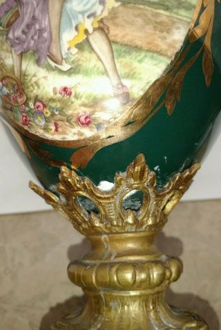 Antique Victorian 1800 ' s Ewer bras Mantle Vase Hand Painted Flowers green Glass 3