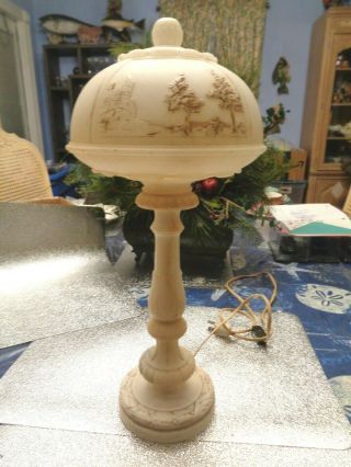 Unusual Vintage Marble Table Lamp,  Dome Covered Top With Etched Scene