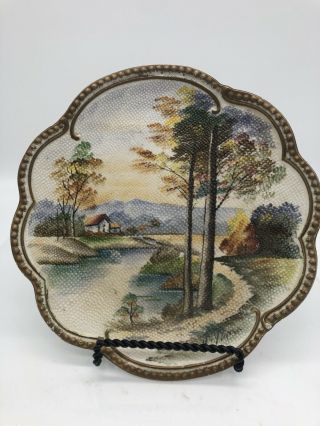 Vtg Vcagco Wall Plate Handpainted Signed Of A House With A Stream Gold Trim