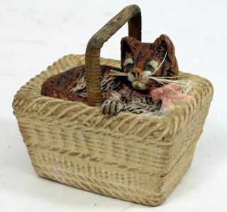 Antique German Bisque Cat In A Basket Miniature