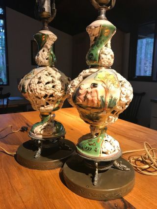 Vintage Pair Capodimonte Italian Hand Painted Pierced Porcelain Table Lamp
