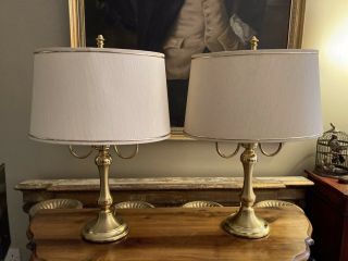 Vintage Brass Bouillotte Table Lamps With Shades