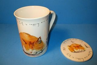 Kent Pottery England Orange Cat Napping Coffee Tea Mug With Lid Mice Will Play