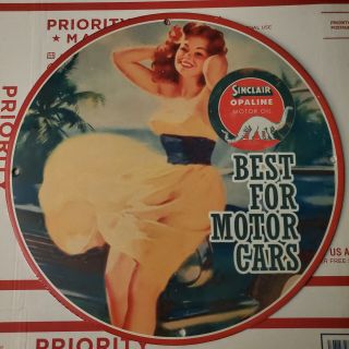 Vintage Porcelain Sinclair Opaline Motor Oil Pin Up Girl Man Cave Garage Sign