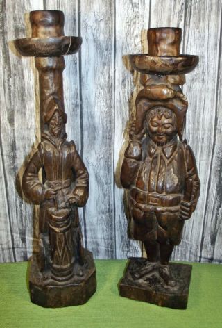 Antique / Vtg Hand Carved Large Wood Men Candle Holders Pair Unique & Unusual