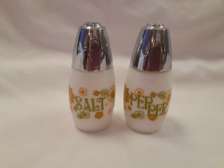 Vintage Westinghouse Gemco Milk Glass Salt/pepper Shakers.  Green & Gold Floral