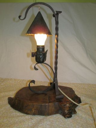 Arts And Crafts Table Lamp Wrought Iron W Copper Shade,  Rustic,  Unusual
