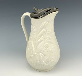 Antique 19th C English Salt Glaze Floral Relief White Drabware Pitcher Jug Tia