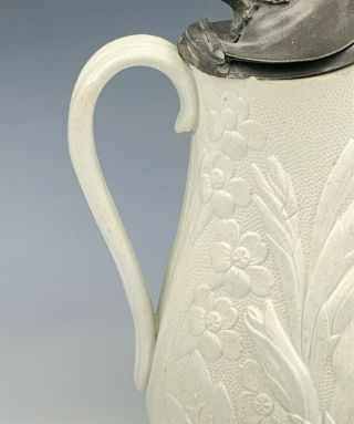 Antique 19th C English Salt Glaze Floral Relief White Drabware Pitcher Jug TIA 2
