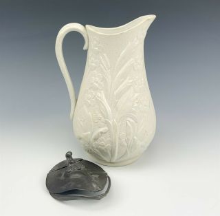 Antique 19th C English Salt Glaze Floral Relief White Drabware Pitcher Jug TIA 3