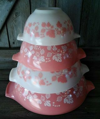 Vintage Pyrex Pink Gooseberry Set Of 4 Cinderella Mixing Bowls 441,  442,  443,  444