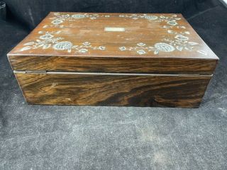 Antique Rosewood Box With Mirror Inlaid Mother Of Pearl