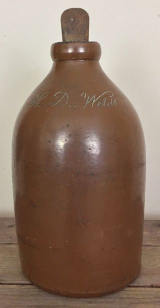 Antique Large Brown Stoneware Scratch Jug Signed H.  D.  Welds Advertising 10.  25”