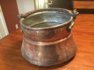 Large Vintage Antique Hammered Copper Hanging Pot Bucket With Forged Iron Handle