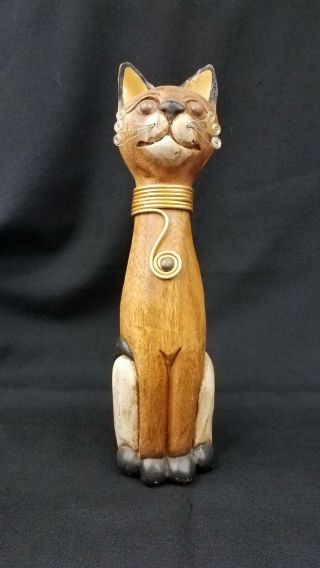 Vintage Mid Century Modern Hand Carved Wooden Brass Collar Cat Figural Statue