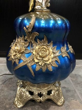 Large Vintage Blue Gold Brass Table Lamp Ef Ef Industries Cupid Glass 1970s Glam