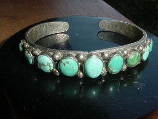 Old Vintage Classic Navajo Indian Turquoise And Silver Bracelet 9 Stones Lunate