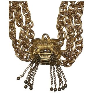 Vintage Pauline Rader Asian Inspired Foo Dog Tassel Gold Tone Necklace
