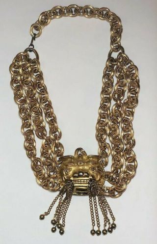 Vintage Pauline Rader Asian Inspired Foo Dog Tassel Gold Tone Necklace 2