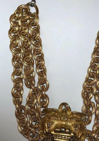 Vintage Pauline Rader Asian Inspired Foo Dog Tassel Gold Tone Necklace 3