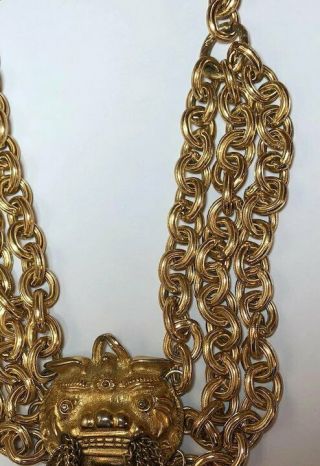 Vintage Pauline Rader Asian Inspired Foo Dog Tassel Gold Tone Necklace 4