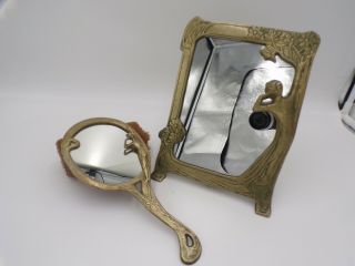 Vintage Art Nouveau Brass Hand & Easel Mirrors Lady By The Lake