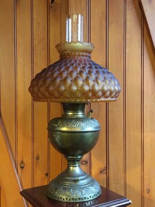Antique B & H Electrified Brass Oil Hurricane Parlor Lamp W/ Frosted Amber Shade