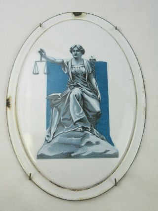 Antique Vintage Victorian Lady Of Justice On Enamel Metal Plaque Decoration Blue
