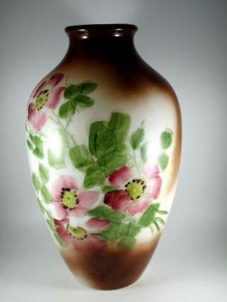 Victorian Hand Painted Brown Pink Flowers Large Antique Milk Glass Vase 12 " Tall