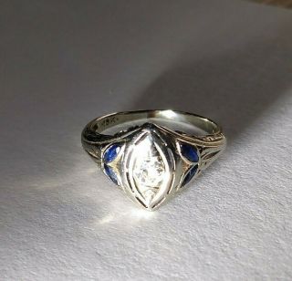 Vintage Antique Ring 18k White Gold With Blue Stones On Side
