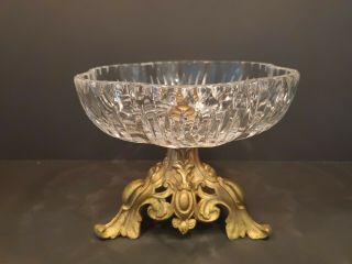 Vintage Cut Crystal Compote Candy Dish Brass Bronze Metal Footed Pedestal