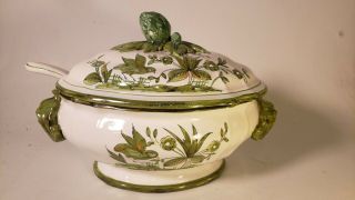 Vintage Green Birds Artichoke Knob Large Soup Tureen With Lid And Ladle Ceramic