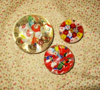 3 Vintage Millefiori Art Glass Paperweight Red Color Canes & Controlled Bubbles