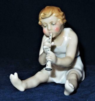 Vintage Karl Ens Volkstedt German Figurine Putti Child Or Cherub Playing Flute