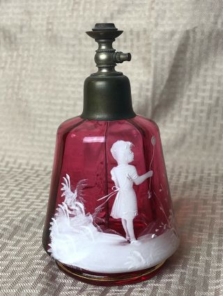 Antique Mary Gregory Paneled Cranberry Glass 5”h Perfume Bottle Girl Balloon