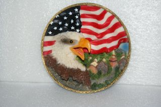 Patriotic American Flag Bald Eagle Countryside 3d Wall Decor Plate Plaque Vtg