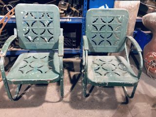 2 Vintage Metal Springer Chairs Porch Rocker Lawn Patio Pie Crust Cutout Backs