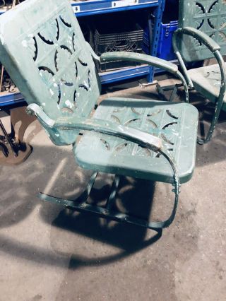 2 Vintage Metal springer Chairs Porch Rocker Lawn Patio Pie crust Cutout Backs 2
