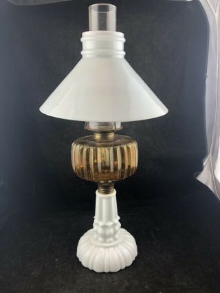 Antique Victorian Amber And Milk Glass Oil Lamp Milk Glass Shade