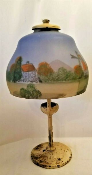 Small Antique Cast Iron Table Or Boudoir Lamp W/reverse Painted Shade