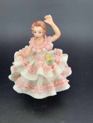 Vintage Germany Porcelain Dresden Lace Woman Dancing In Dress Figurine Small