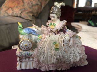 Antique Dresden Lace Porcelain Lady Sitting On A Chaise Couch W Bird Germany
