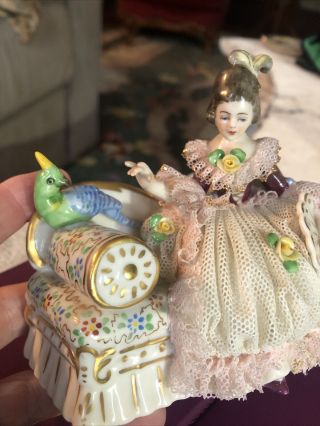 Antique Dresden Lace Porcelain Lady Sitting On A Chaise Couch w Bird Germany 3
