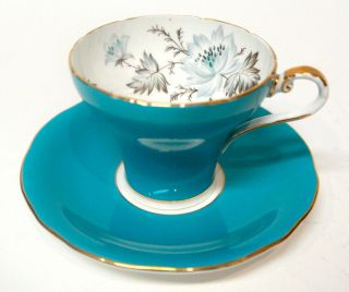 Aynsley England Teal And Gold Bone China Tea Cup & Saucer With Flowers