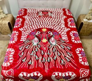 Vintage Double Peacock Hearts Red Chenille Bedspread Full / Queen Sz 100x90