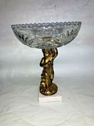 9 1/2 " Crystal And Brass Cherub W/ Marble Base Compote Candy Dish
